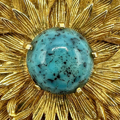Vintage Benedikt NY Brutalist Faux Turquoise Gold Tone Starburst Brooch/Pendant Signed /cb