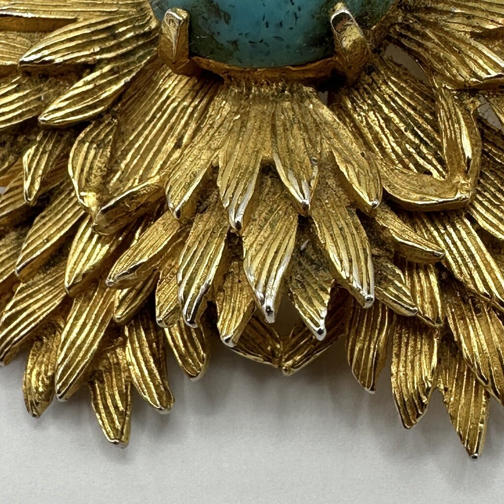 Vintage Benedikt NY Brutalist Faux Turquoise Gold Tone Starburst Brooch/Pendant Signed /cb