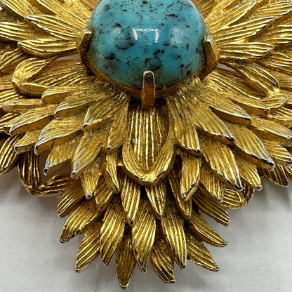 Vintage Benedikt NY Brutalist Faux Turquoise Gold Tone Starburst Brooch/Pendant Signed /cb