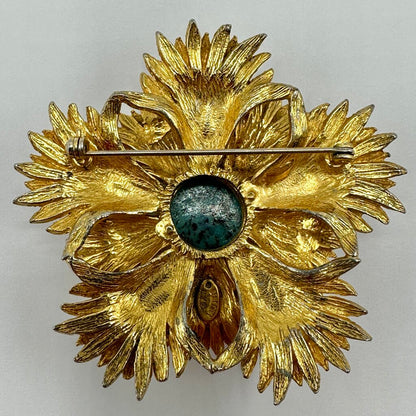Vintage Benedikt NY Brutalist Faux Turquoise Gold Tone Starburst Brooch/Pendant Signed /cb