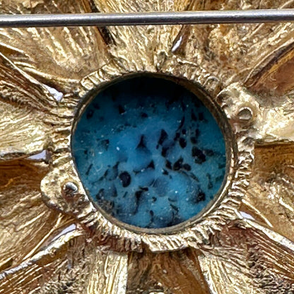 Vintage Benedikt NY Brutalist Faux Turquoise Gold Tone Starburst Brooch/Pendant Signed /cb