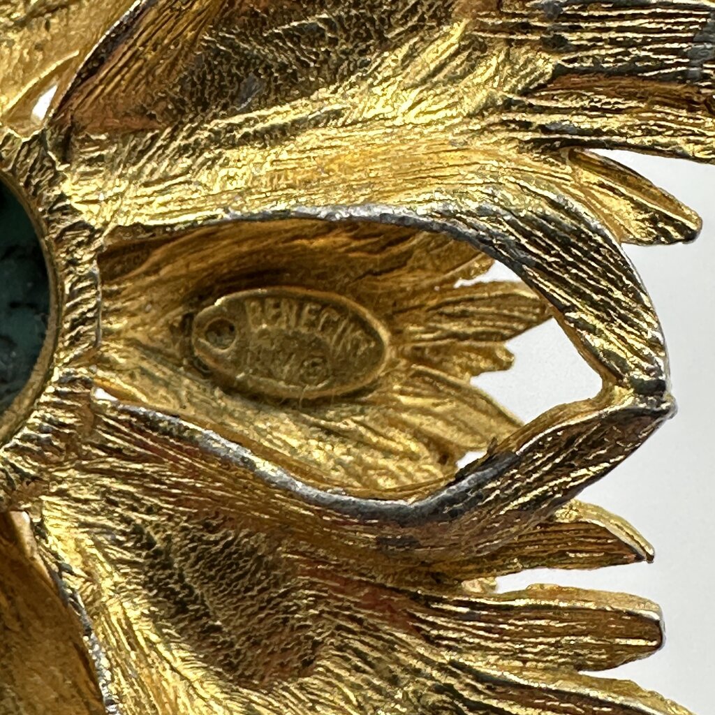 Vintage Benedikt NY Brutalist Faux Turquoise Gold Tone Starburst Brooch/Pendant Signed /cb