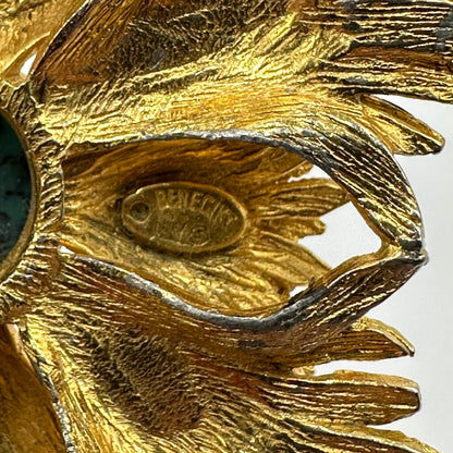 Vintage Benedikt NY Brutalist Faux Turquoise Gold Tone Starburst Brooch/Pendant Signed /cb