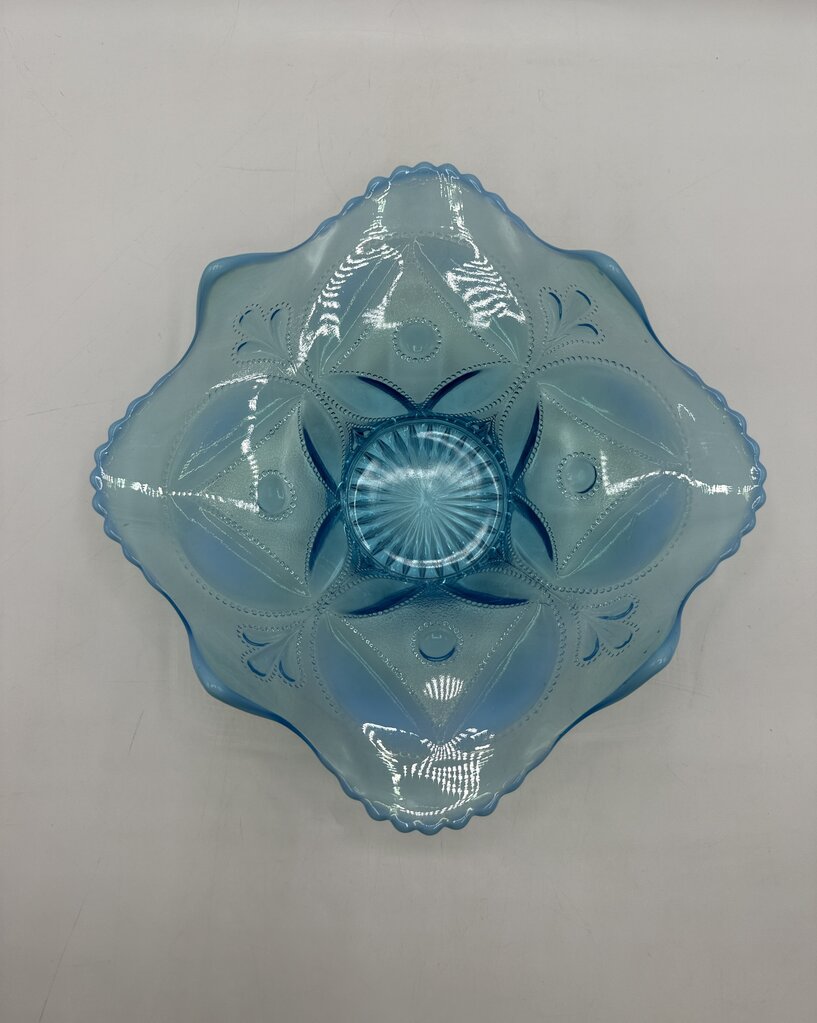Antique Dugan Glass Block & Wheel Blue Opalescent Dish /ro