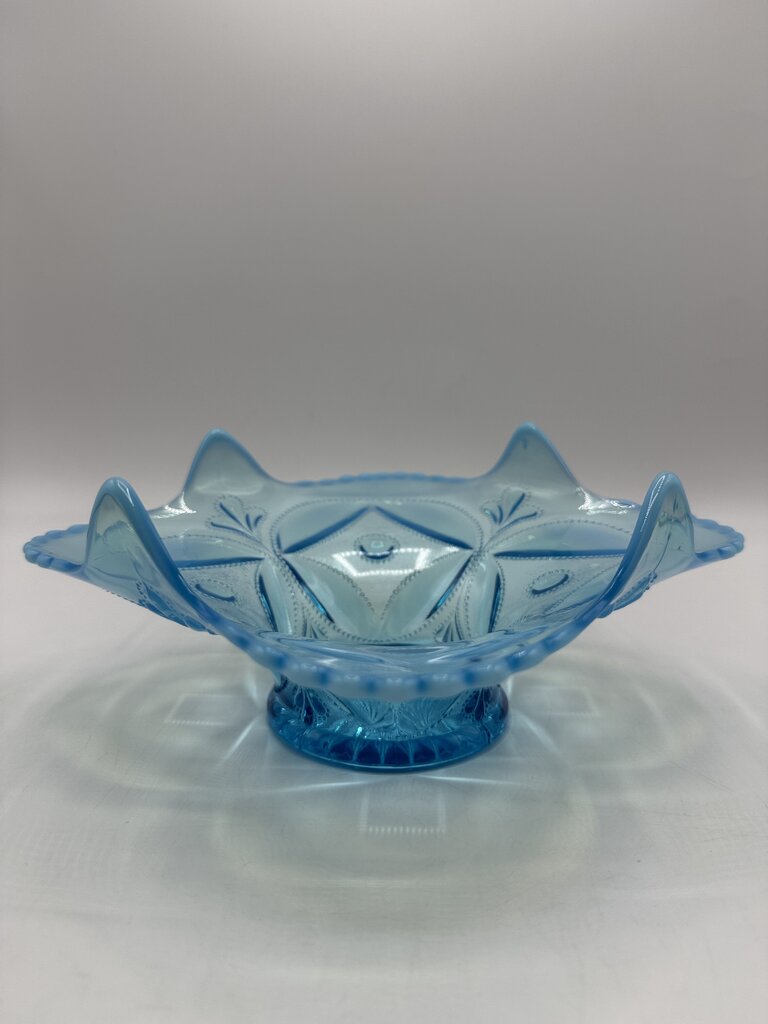 Antique Dugan Glass Block & Wheel Blue Opalescent Dish /ro