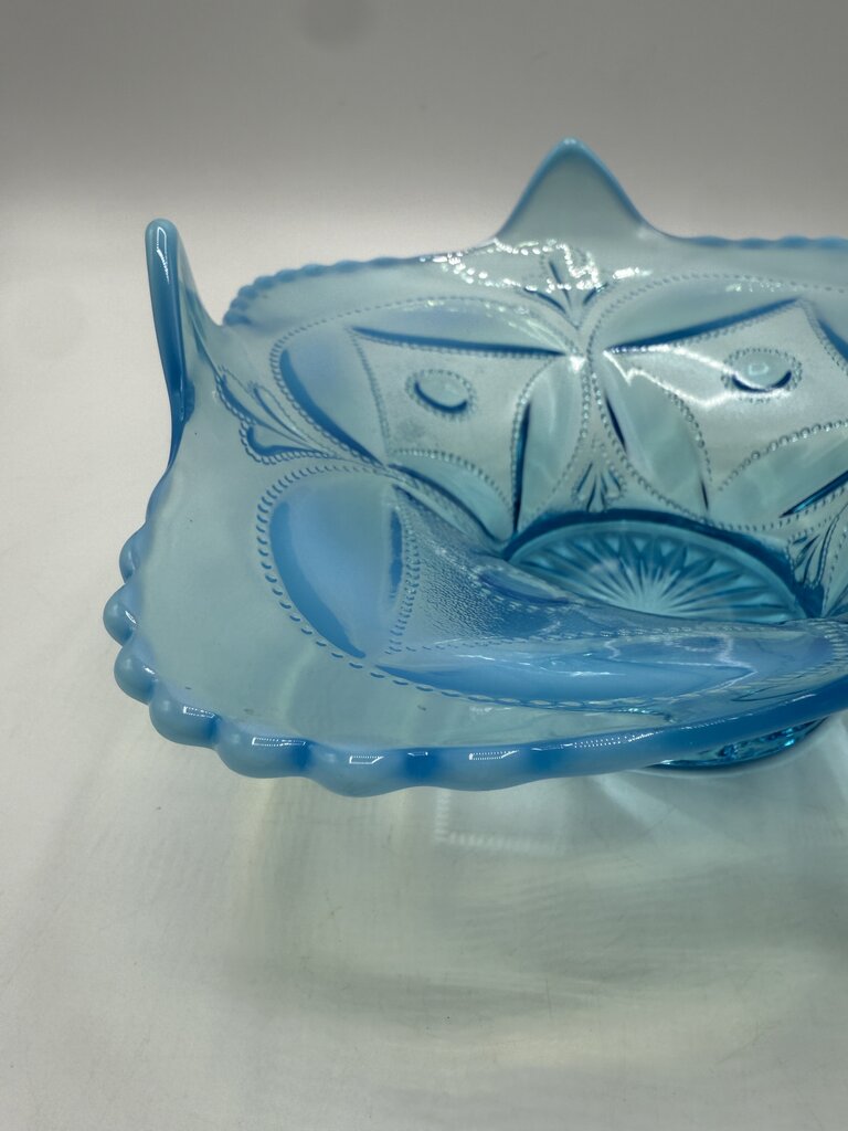 Antique Dugan Glass Block & Wheel Blue Opalescent Dish /ro