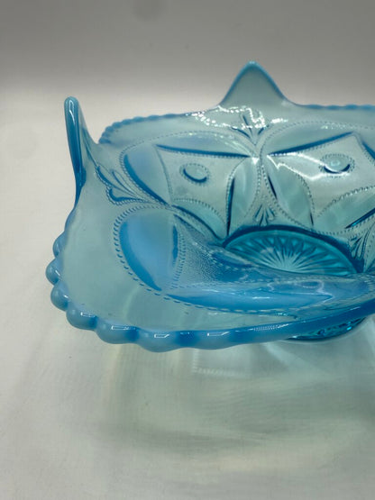 Antique Dugan Glass Block & Wheel Blue Opalescent Dish /ro