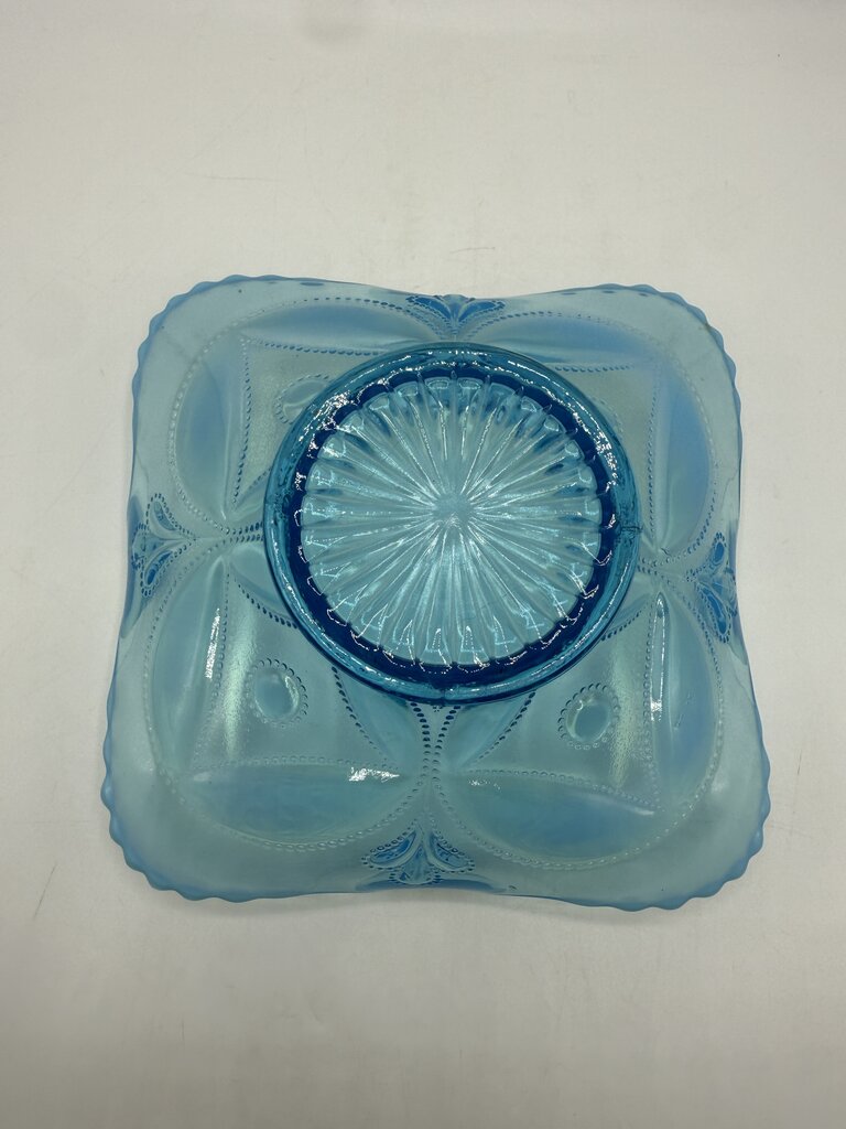 Antique Dugan Glass Block & Wheel Blue Opalescent Dish /ro