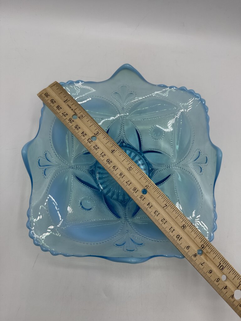 Antique Dugan Glass Block & Wheel Blue Opalescent Dish /ro