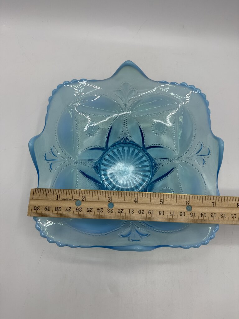 Antique Dugan Glass Block & Wheel Blue Opalescent Dish /ro