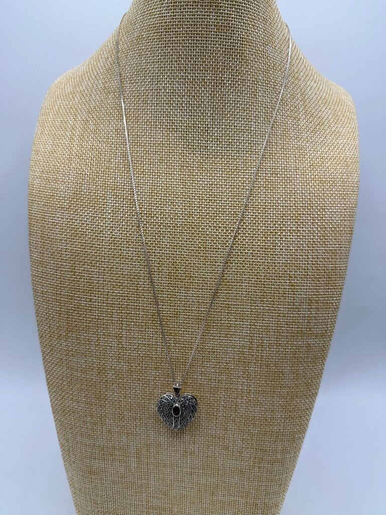 Sterling Silver Box 24” Chain Necklace Marcasite Garnet Heart Locket /ro