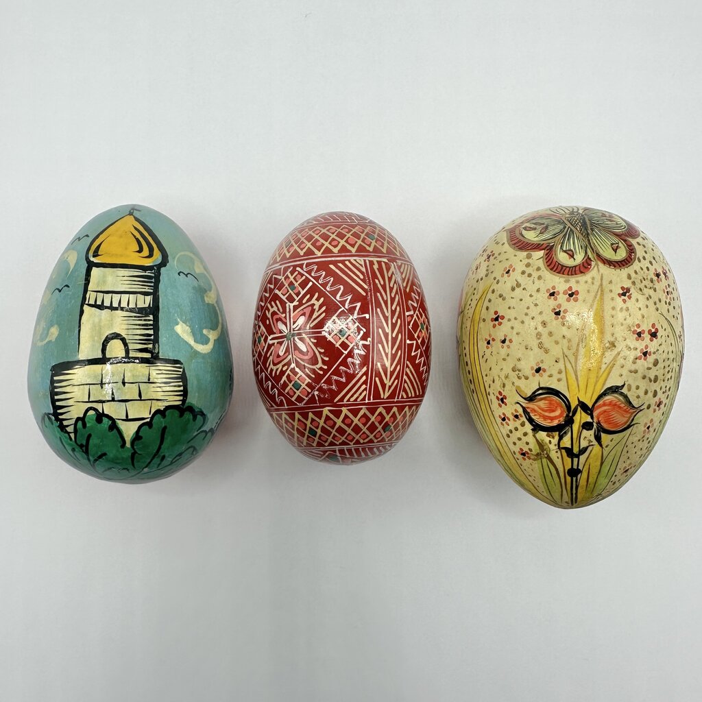 Set Of 3 Vintage Hand Painted Wooden Easter Eggs Eastern European Folk Art /cb