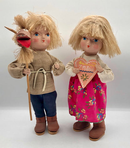 Pair of Polish Paper Mache Boy & Girl Dolls Hand Painted OOAK /b
