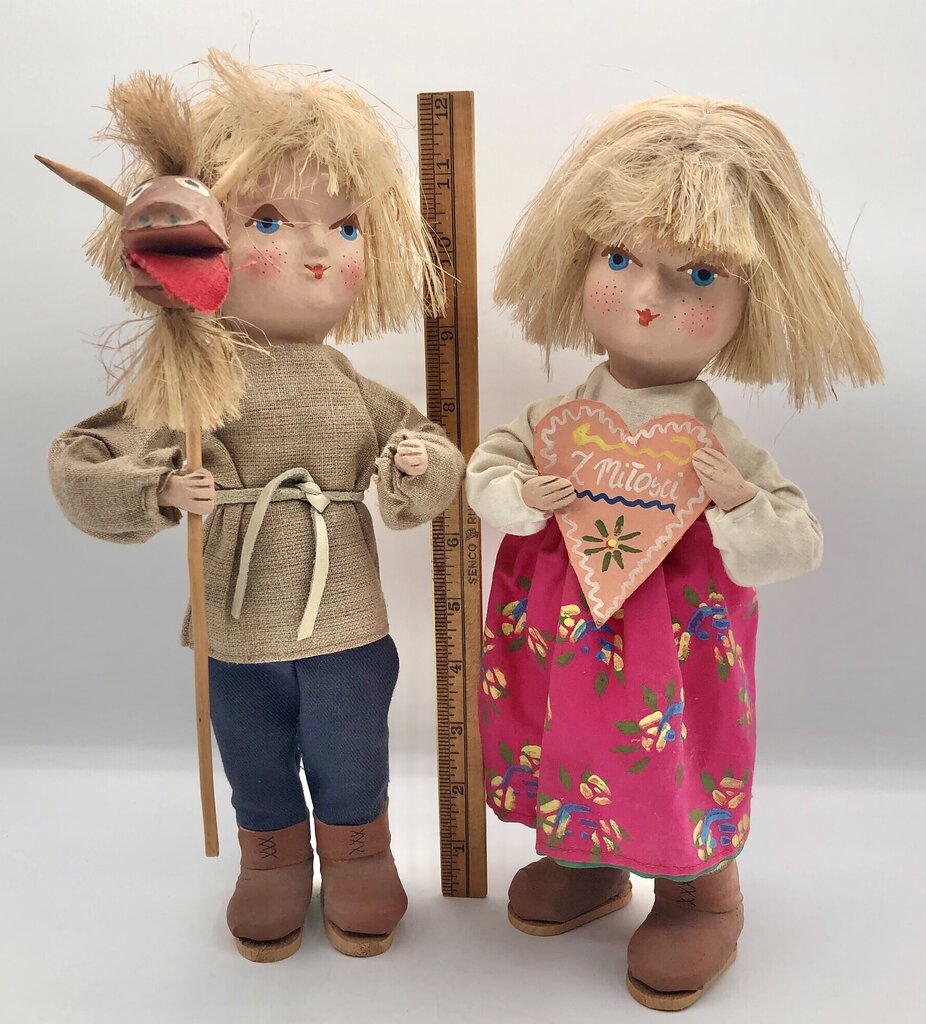 Pair of Polish Paper Mache Boy & Girl Dolls Hand Painted OOAK /b