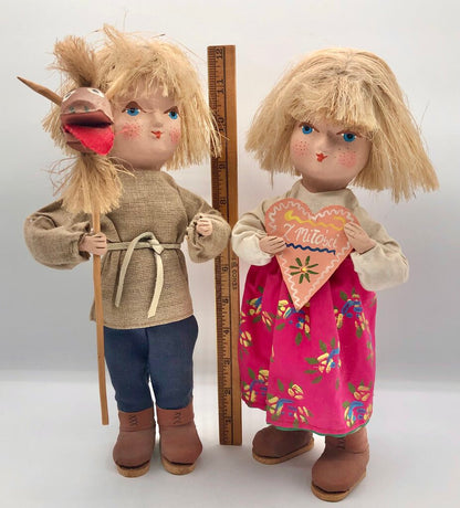 Pair of Polish Paper Mache Boy & Girl Dolls Hand Painted OOAK /b