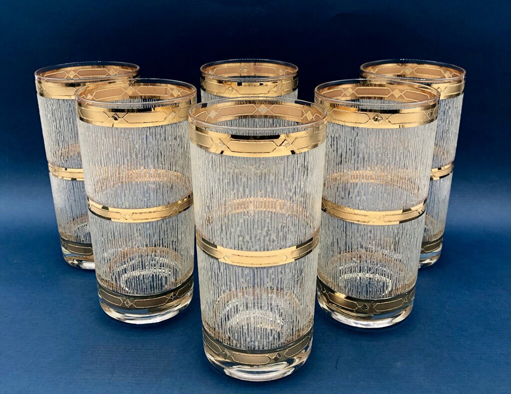 6 MCM Culver ICICLE 22K Gold Band High Ball Glass Set /b