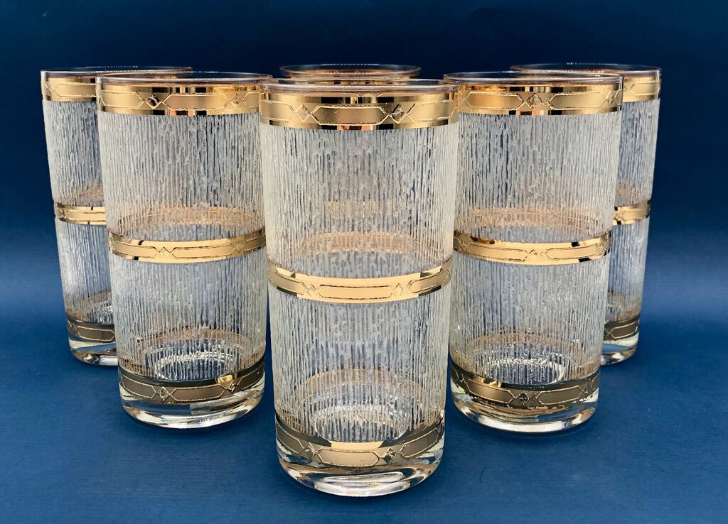 6 MCM Culver ICICLE 22K Gold Band High Ball Glass Set /b