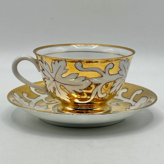 1950s Hand Painted Japanese Gold Leaf Tea Cup & Saucer Set Marked NW-C108
