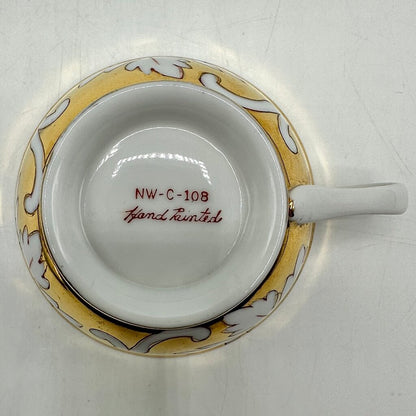 1950s Hand Painted Japanese Gold Leaf Tea Cup & Saucer Set Marked NW-C108