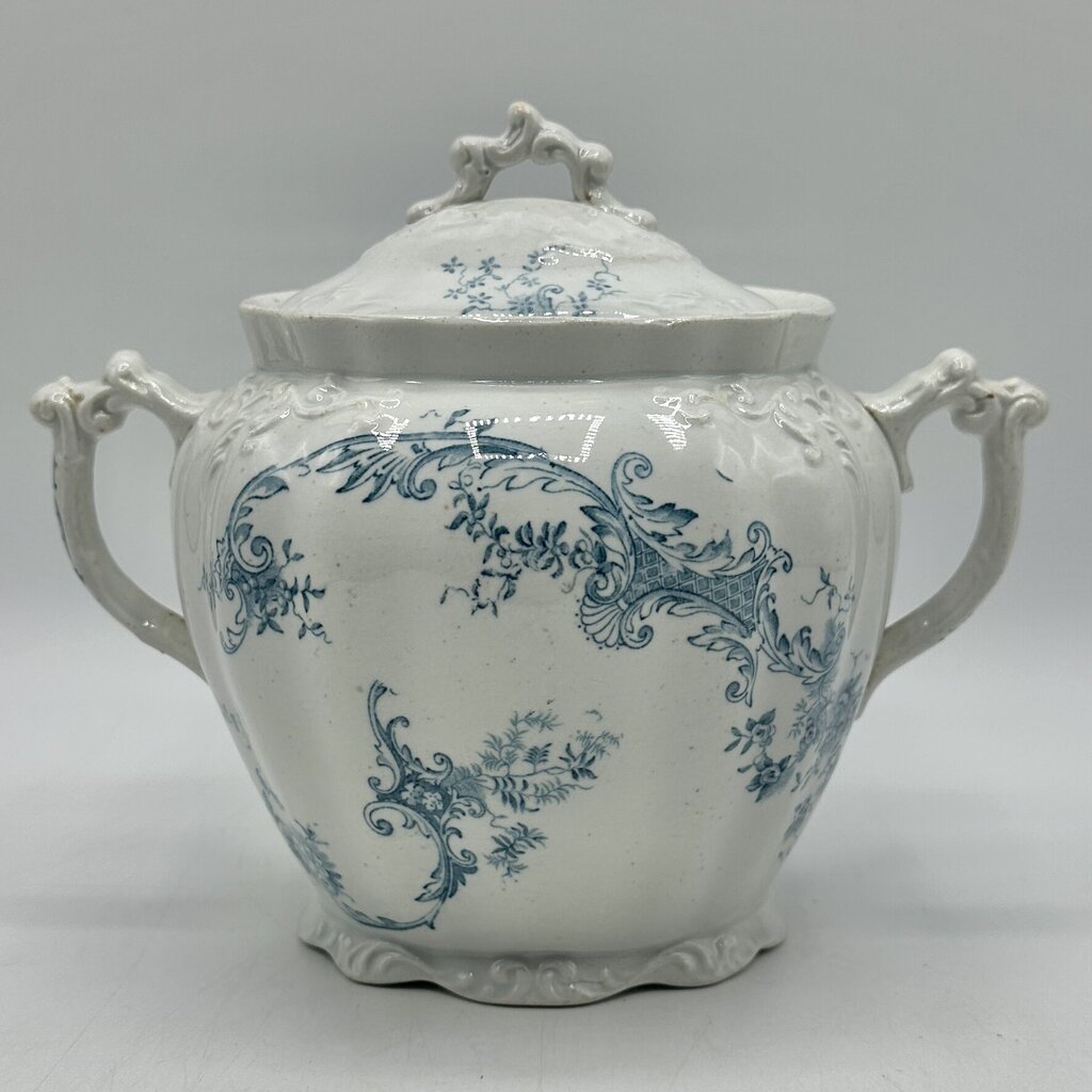 Antique Edge, Malkin & Co Blue Floral Transferware Semi Porcelain Covered Sugar Bowl England Victorian /cb