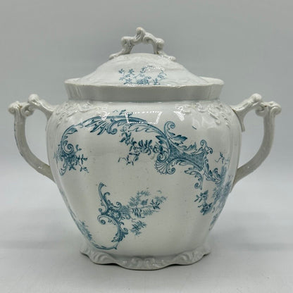 Antique Edge, Malkin & Co Blue Floral Transferware Semi Porcelain Covered Sugar Bowl England Victorian /cb