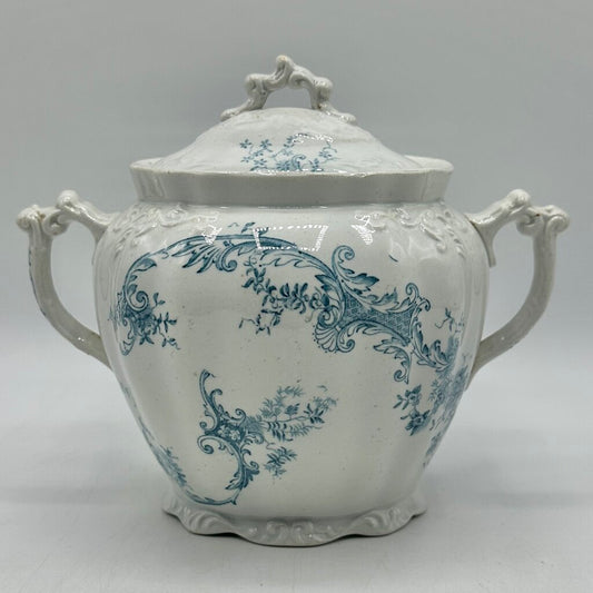 Antique Edge, Malkin & Co Blue Floral Transferware Semi Porcelain Covered Sugar Bowl England Victorian /cb