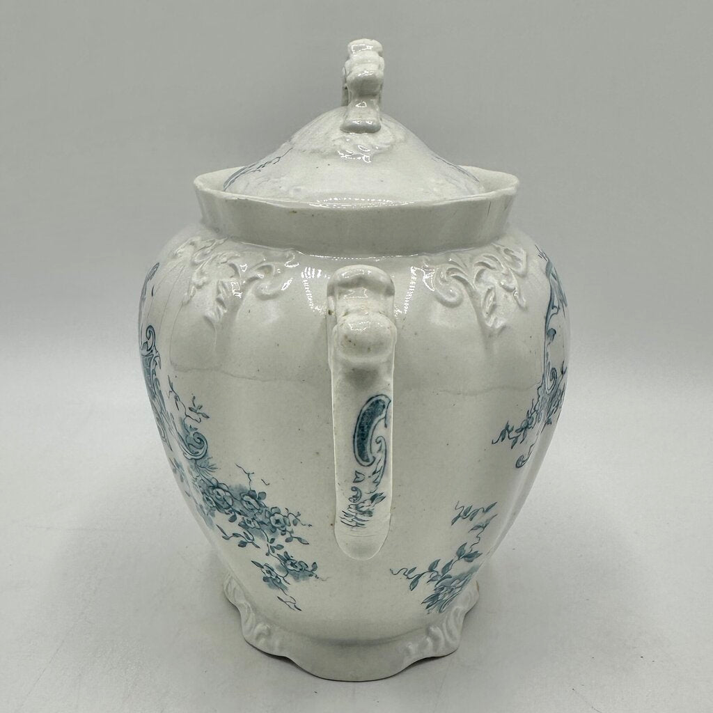 Antique Edge, Malkin & Co Blue Floral Transferware Semi Porcelain Covered Sugar Bowl England Victorian /cb