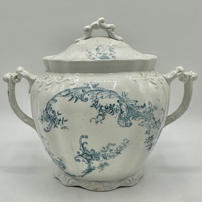 Antique Edge, Malkin & Co Blue Floral Transferware Semi Porcelain Covered Sugar Bowl England Victorian /cb