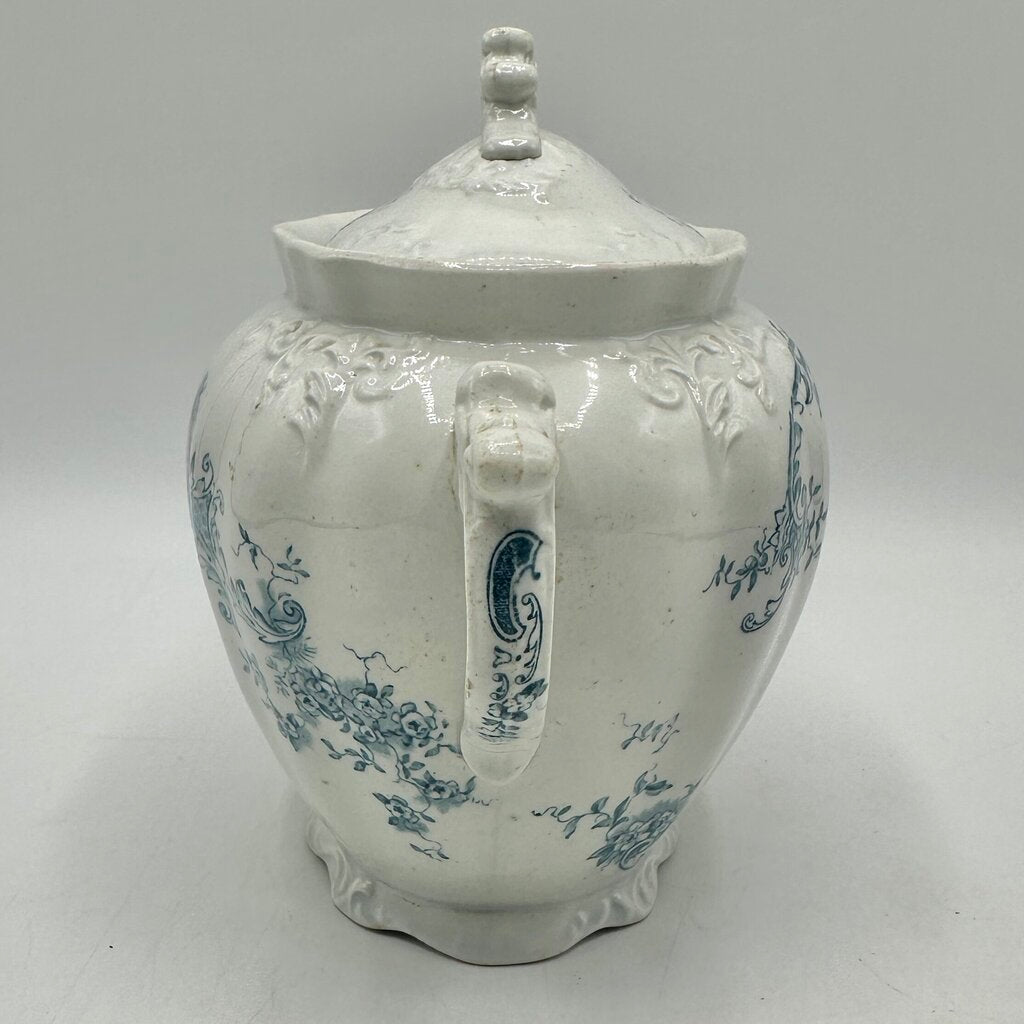 Antique Edge, Malkin & Co Blue Floral Transferware Semi Porcelain Covered Sugar Bowl England Victorian /cb