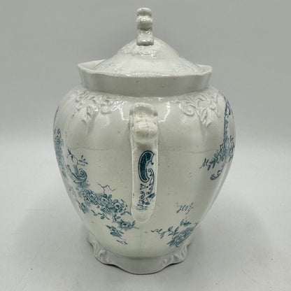 Antique Edge, Malkin & Co Blue Floral Transferware Semi Porcelain Covered Sugar Bowl England Victorian /cb