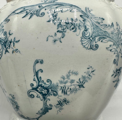 Antique Edge, Malkin & Co Blue Floral Transferware Semi Porcelain Covered Sugar Bowl England Victorian /cb