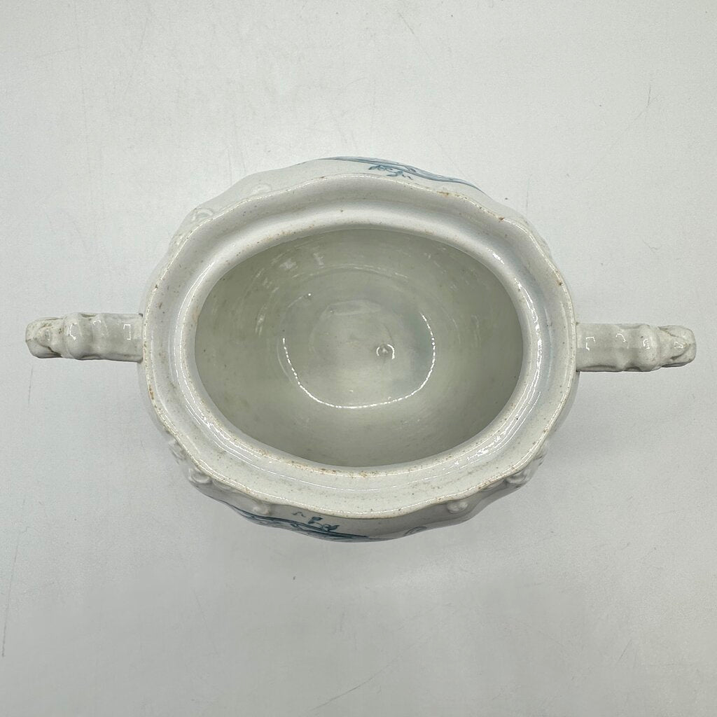 Antique Edge, Malkin & Co Blue Floral Transferware Semi Porcelain Covered Sugar Bowl England Victorian /cb