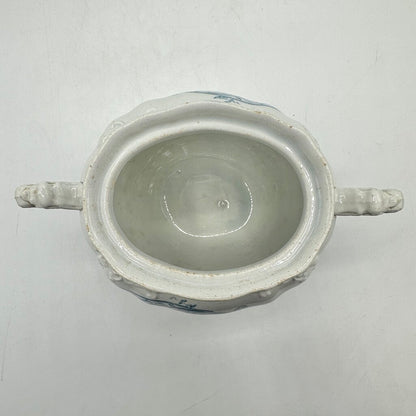 Antique Edge, Malkin & Co Blue Floral Transferware Semi Porcelain Covered Sugar Bowl England Victorian /cb
