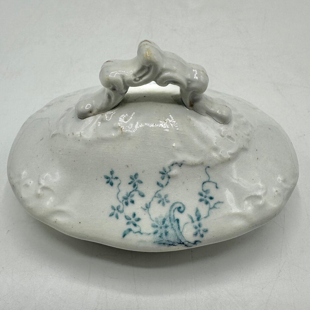 Antique Edge, Malkin & Co Blue Floral Transferware Semi Porcelain Covered Sugar Bowl England Victorian /cb