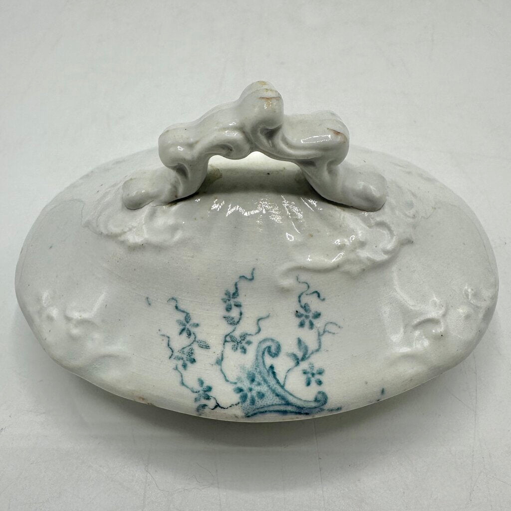 Antique Edge, Malkin & Co Blue Floral Transferware Semi Porcelain Covered Sugar Bowl England Victorian /cb