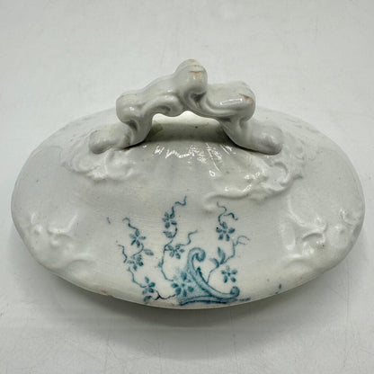 Antique Edge, Malkin & Co Blue Floral Transferware Semi Porcelain Covered Sugar Bowl England Victorian /cb