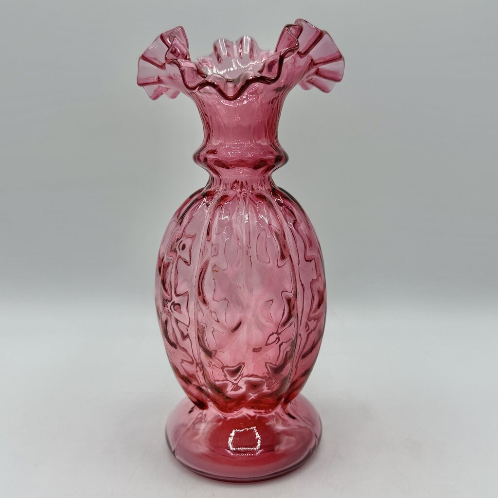 Vintage Fenton Cranberry Diamond Optic Ruffled Art Glass Vase EUC /cb