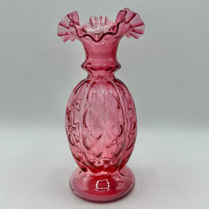 Vintage Fenton Cranberry Diamond Optic Ruffled Art Glass Vase EUC /cb