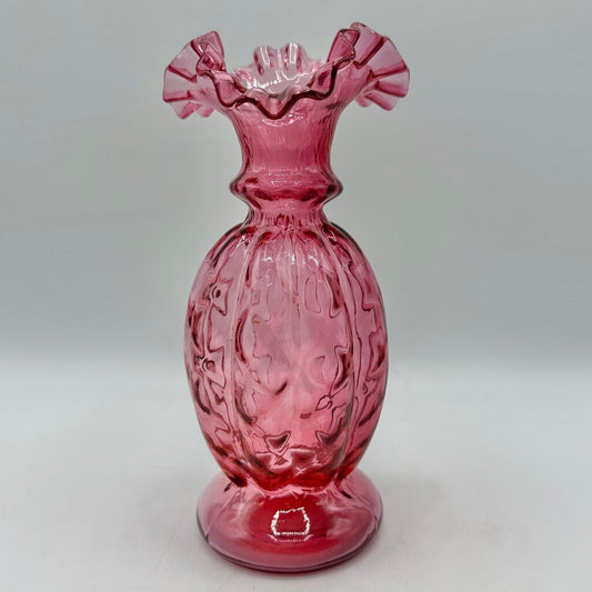 Vintage Fenton Cranberry Diamond Optic Ruffled Art Glass Vase EUC /cb