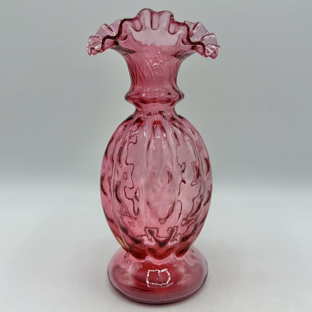 Vintage Fenton Cranberry Diamond Optic Ruffled Art Glass Vase EUC /cb