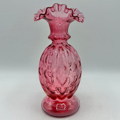 Vintage Fenton Cranberry Diamond Optic Ruffled Art Glass Vase EUC /cb