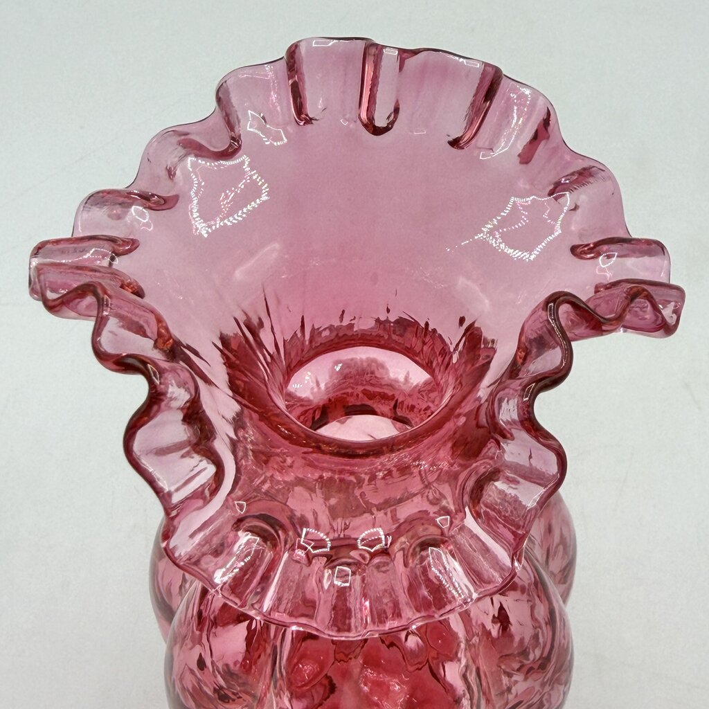 Vintage Fenton Cranberry Diamond Optic Ruffled Art Glass Vase EUC /cb