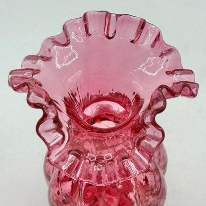 Vintage Fenton Cranberry Diamond Optic Ruffled Art Glass Vase EUC /cb