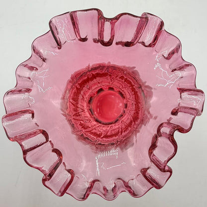 Vintage Fenton Cranberry Diamond Optic Ruffled Art Glass Vase EUC /cb