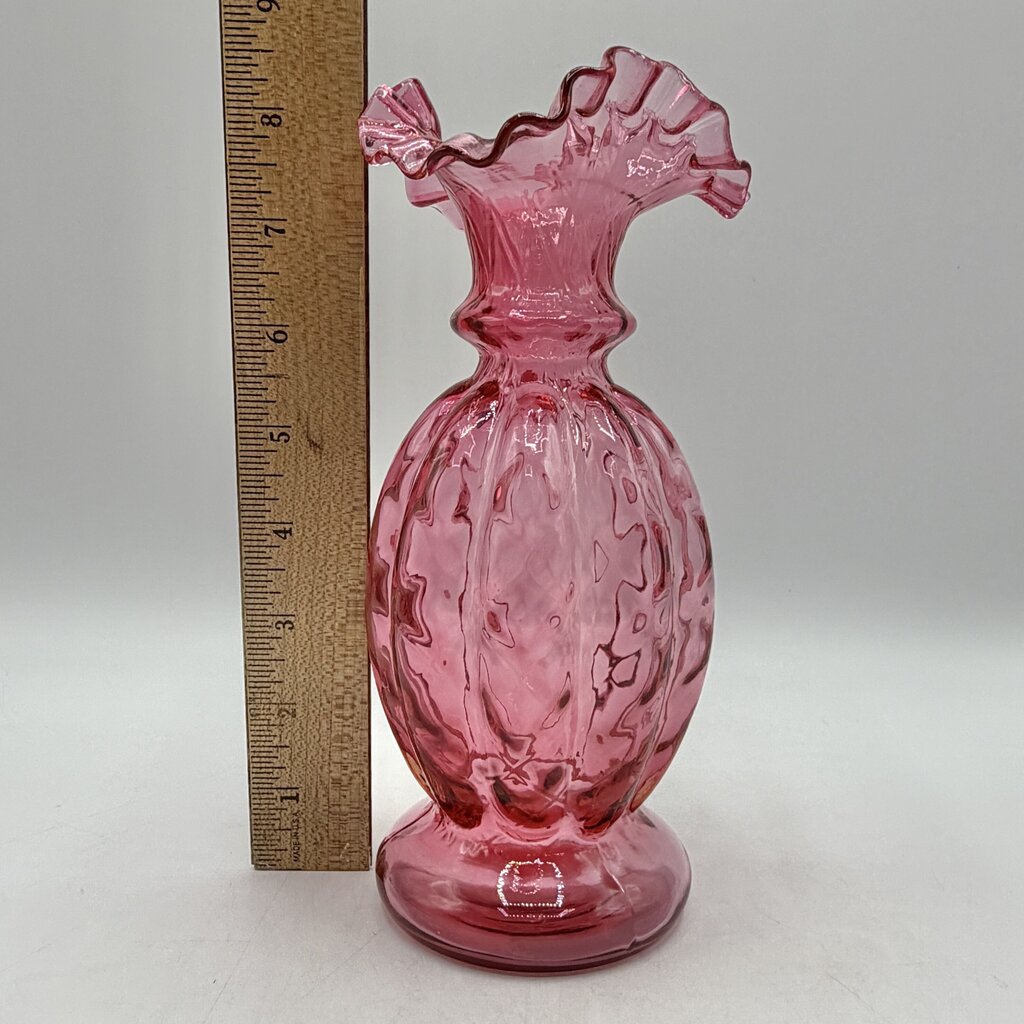 Vintage Fenton Cranberry Diamond Optic Ruffled Art Glass Vase EUC /cb