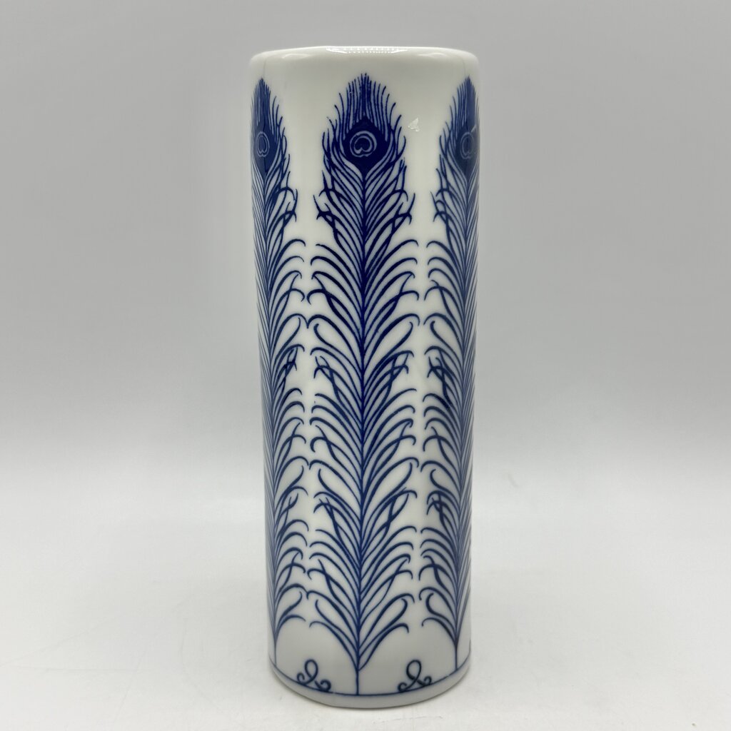 Vintage Takahashi San Francisco Blue & White Peacock Feather 6 1/2” Bud Vase /cb