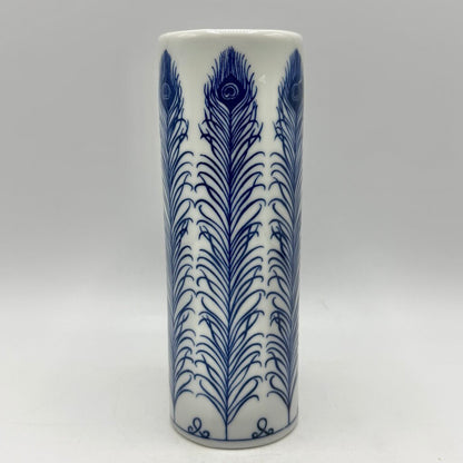 Vintage Takahashi San Francisco Blue & White Peacock Feather 6 1/2” Bud Vase /cb