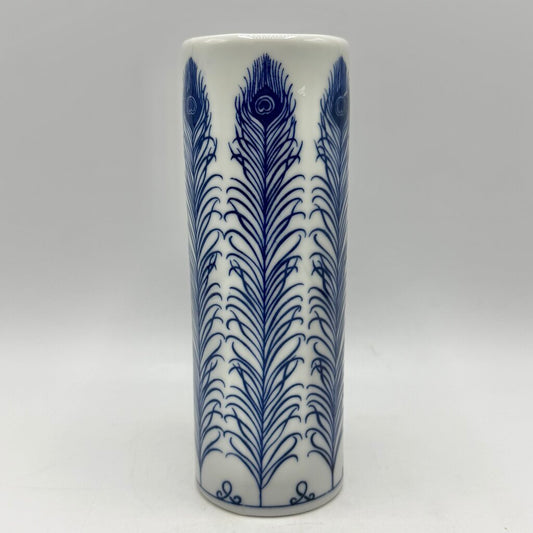 Vintage Takahashi San Francisco Blue & White Peacock Feather 6 1/2” Bud Vase /cb