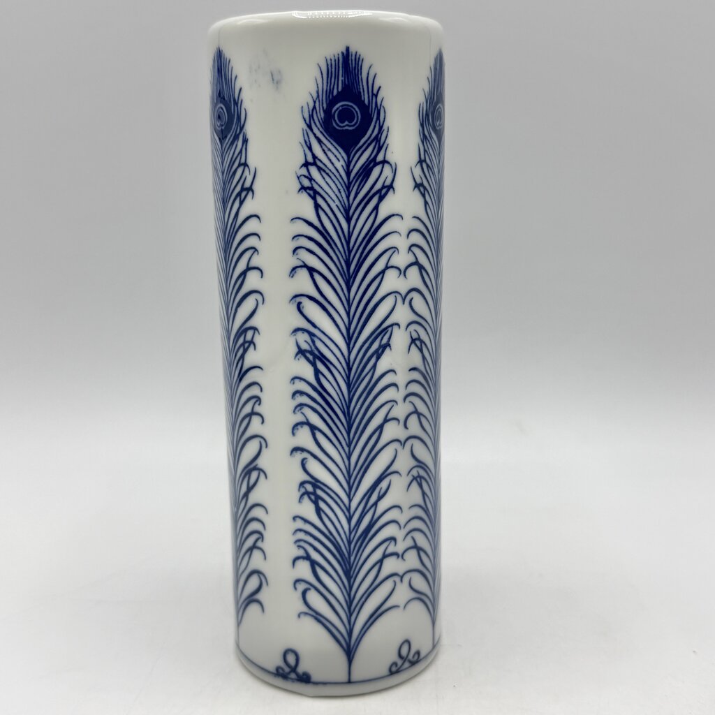 Vintage Takahashi San Francisco Blue & White Peacock Feather 6 1/2” Bud Vase /cb