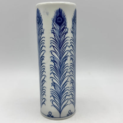 Vintage Takahashi San Francisco Blue & White Peacock Feather 6 1/2” Bud Vase /cb